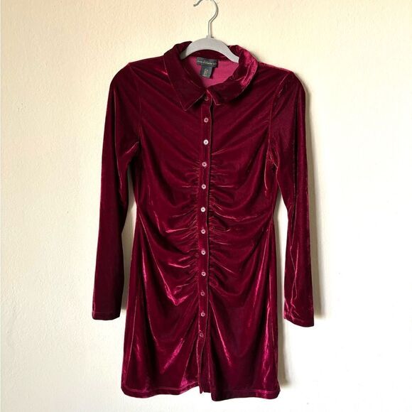 House Of Harlow 1960 Velvet Mini Burgundy Dress Ruched Shirt Size S - Picture 6 of 10